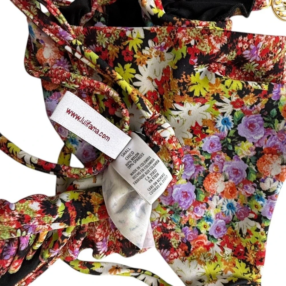 Luli Fama Floral Ruffle Bikini Set Garden Nights S Lace Up Back Ruched Bottoms